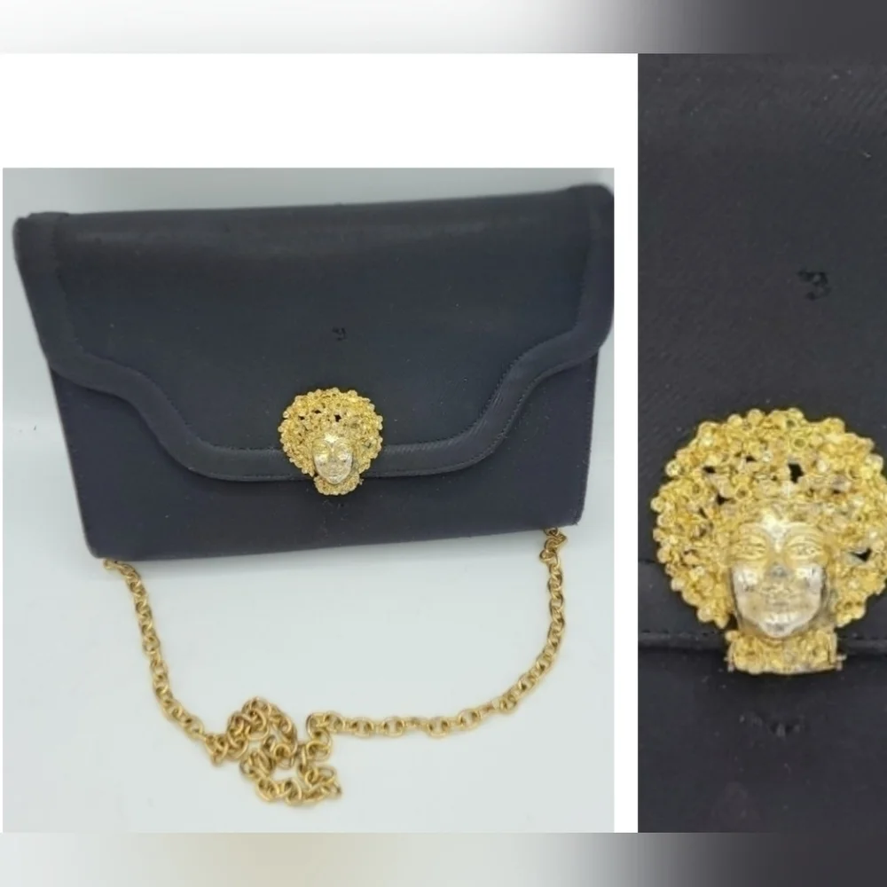 VTG Miss Lewis Black Satin Evening Clutch with Ornate Gold Face Medallion